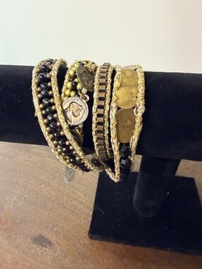 Boho Gold and Black Multi-Row Beaded Wrap Bracelet